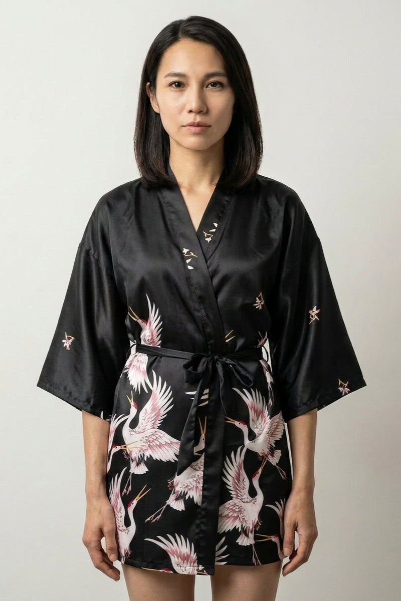 【美品】和ROBE / 忍 JUBAN TECH 3 Black Crane Short Kimono Robe 'Yoizuru' | Japan Clothing – JAPAN