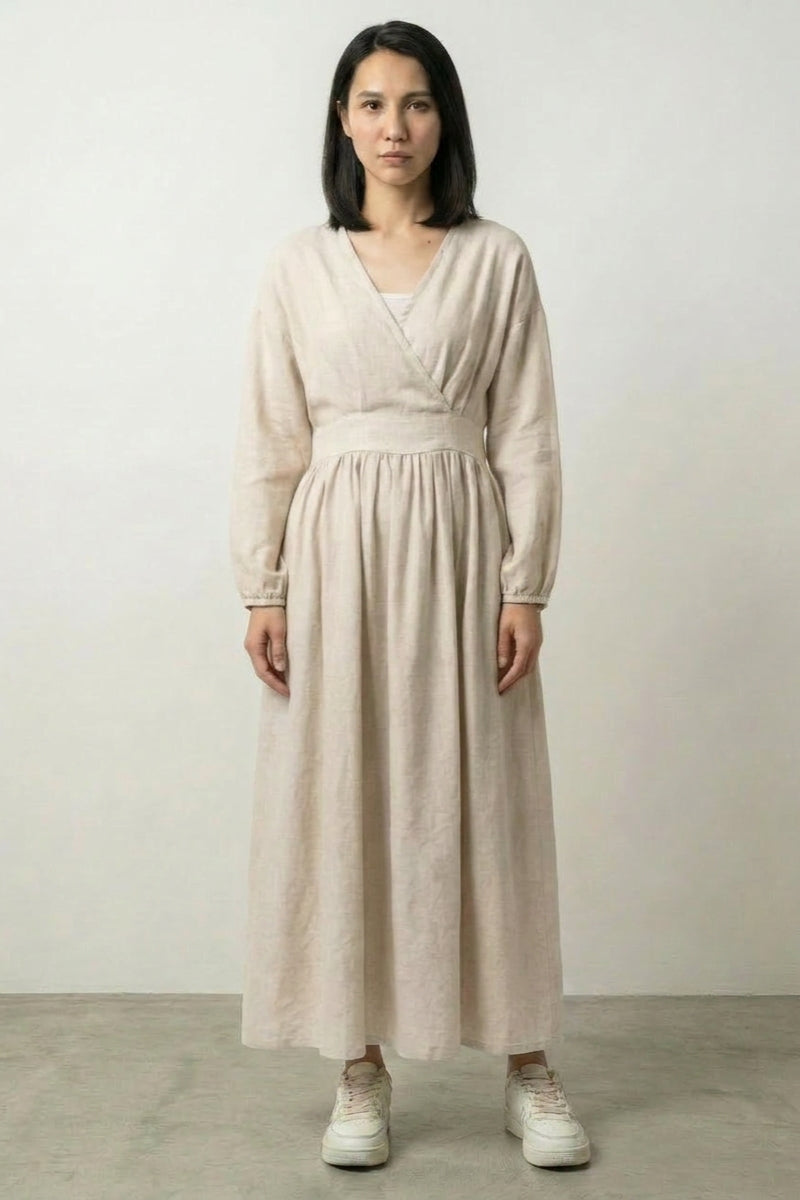 japanese linen dress Inspiration Japanese, Ecru Color:Leopard/print corsage Hunter Green Long Sleeve this linen dress offers