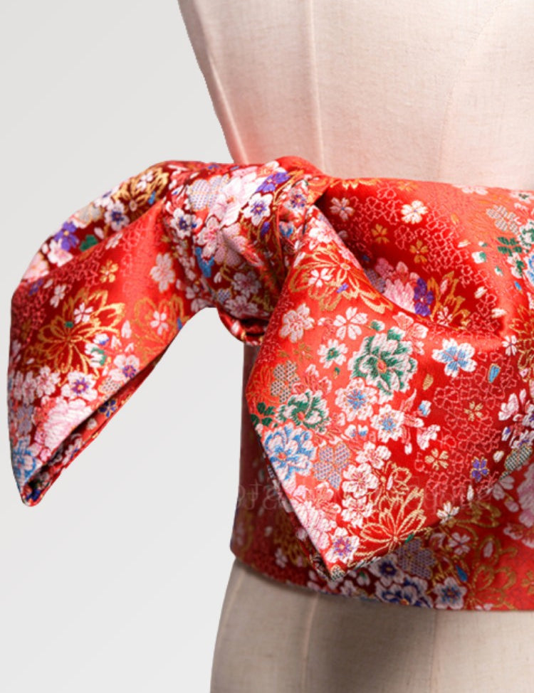 Red obi belt for women with floral and satin pattern for your Japanese kimono