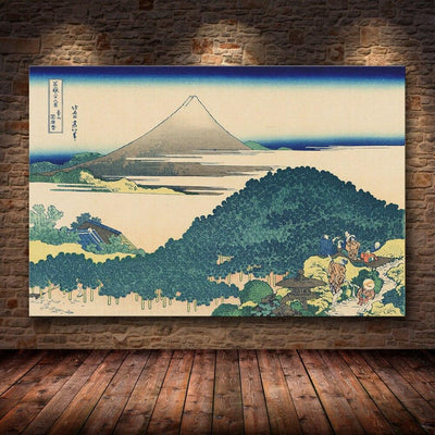 Japanese print of the mountain named Mount Fuji in a misty setting