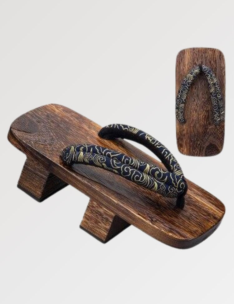 The Japanese Geta with a cotton braided strap and a refined baroque pattern