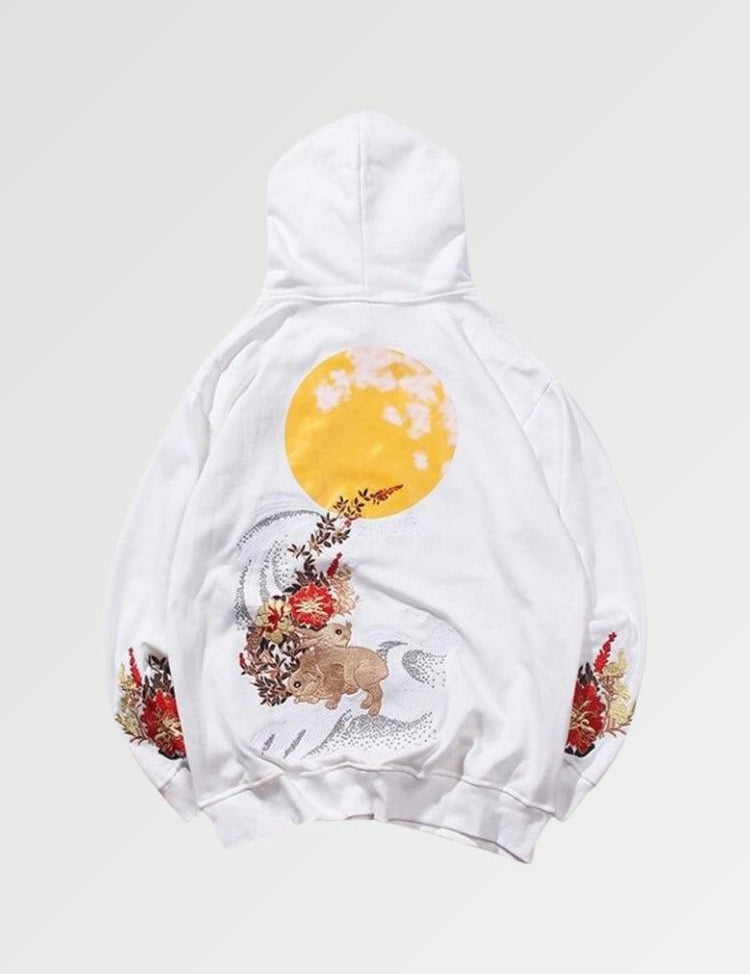 The japanese motifs of this japanese moon hoodie are fully embroidered