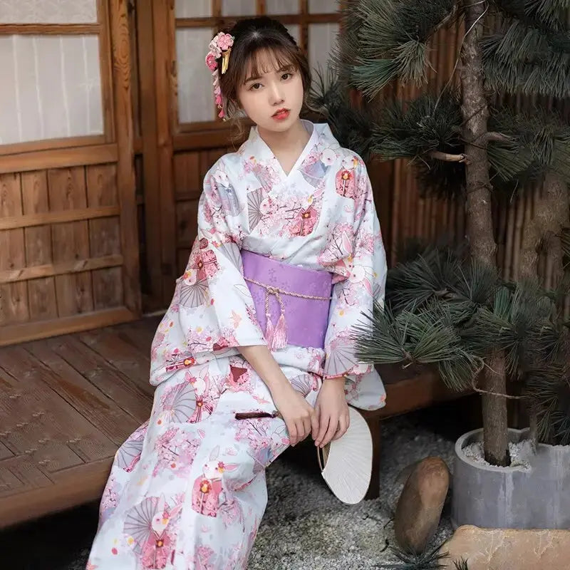 Women's Japanese Kimono with Kawaii rabbit pattern in soft colors
