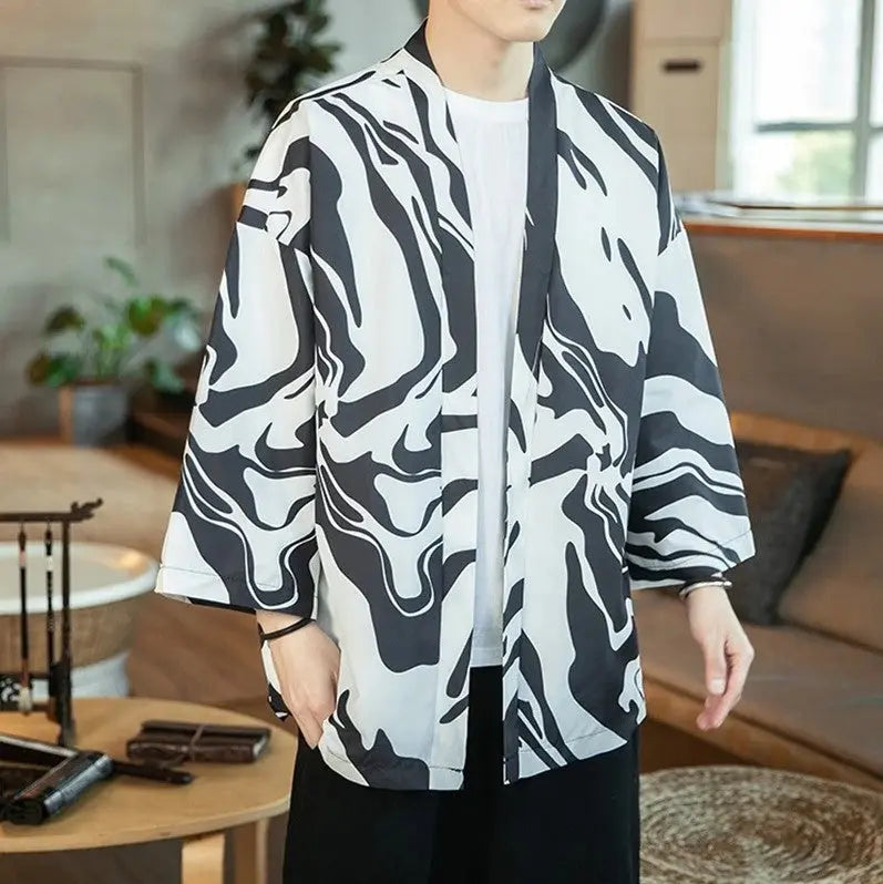 Japanese Clothing Mens Black Silk Kimono Jacket, Black, 5XL