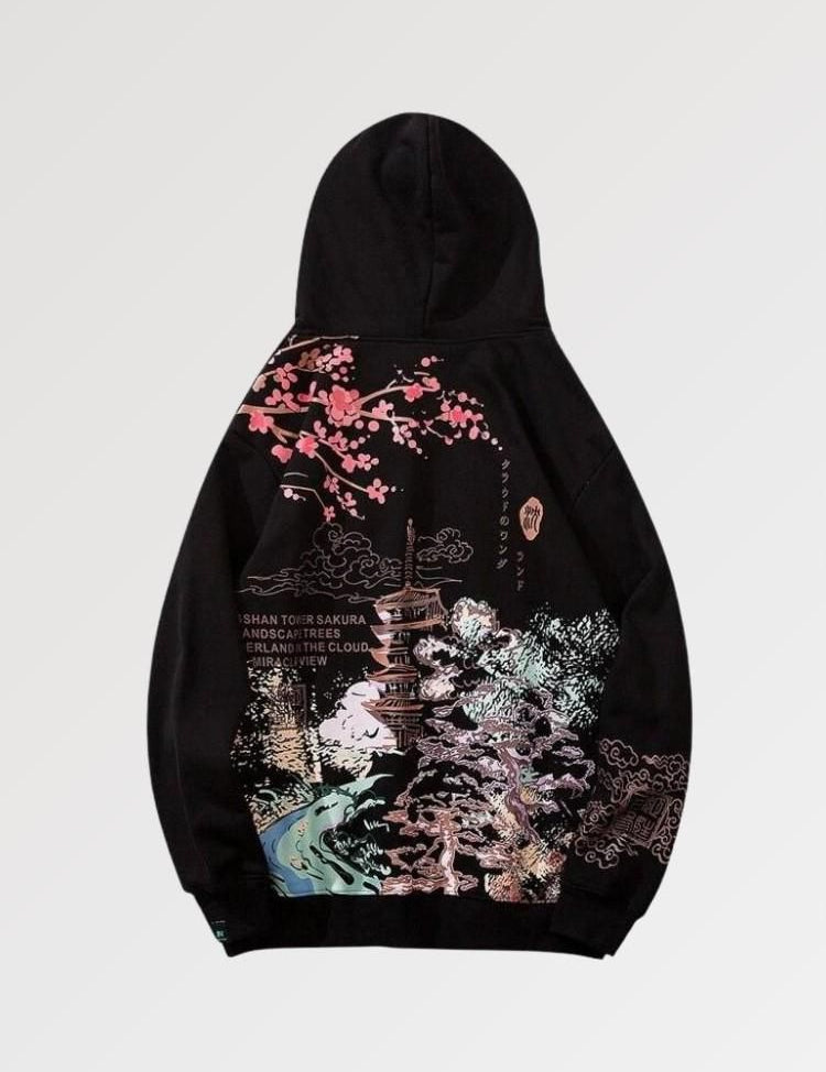 the ultimate cute japanese hoodie with a traditional temple and sakura motif