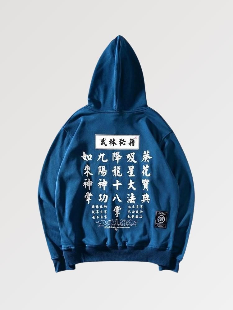 Hoodie with japanese writing on the back in a pure streetwear look