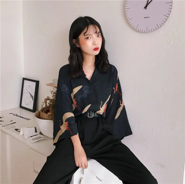 A Japanese blouse for women with an elegant and vintage print