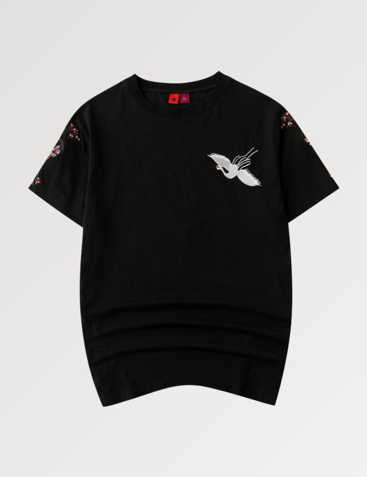 Shirt with sakura embroidery and Japanese cranes called crowned cranes