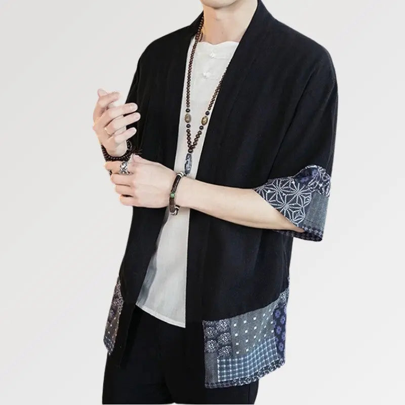 Japanese Clothing Men's Short Kimono Jacket, Black, XL