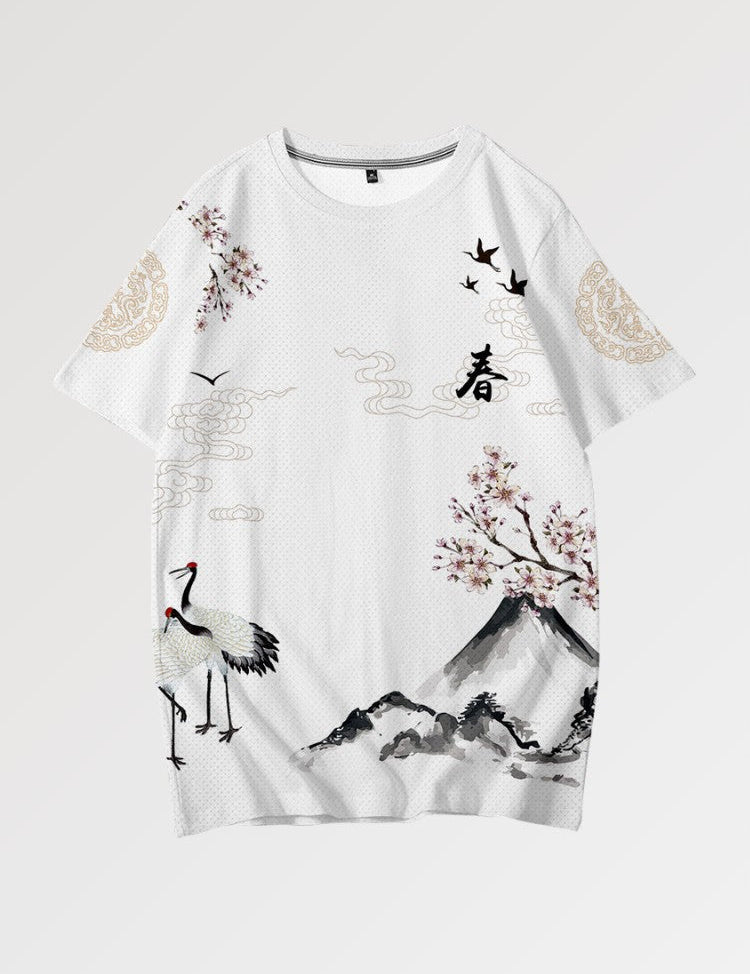 A Japanese style shirt featuring traditional symbols and japanese calligraphy
