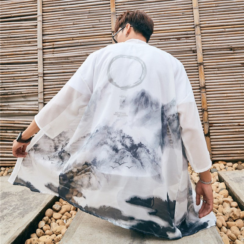 Long white kimono jacket with japanese misty landscape print