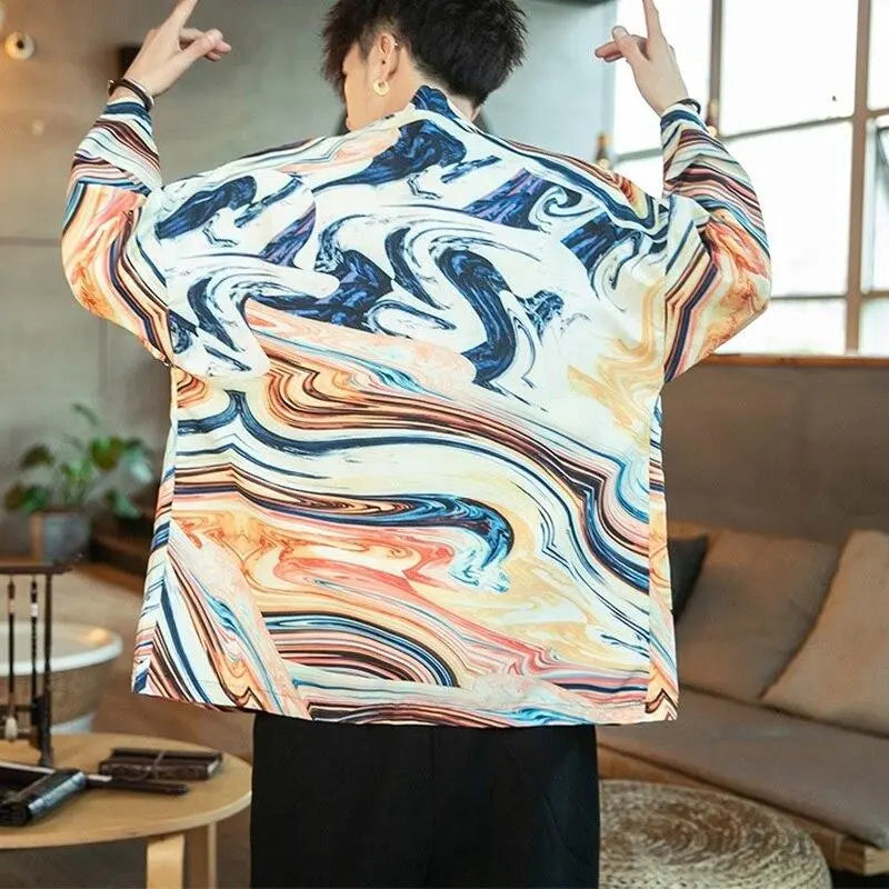Men kimono jacket in modern style and colorful abstract pattern