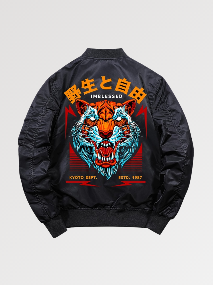 Japanese Quilted Down Snap Bomber Jacket in Tiger Camo