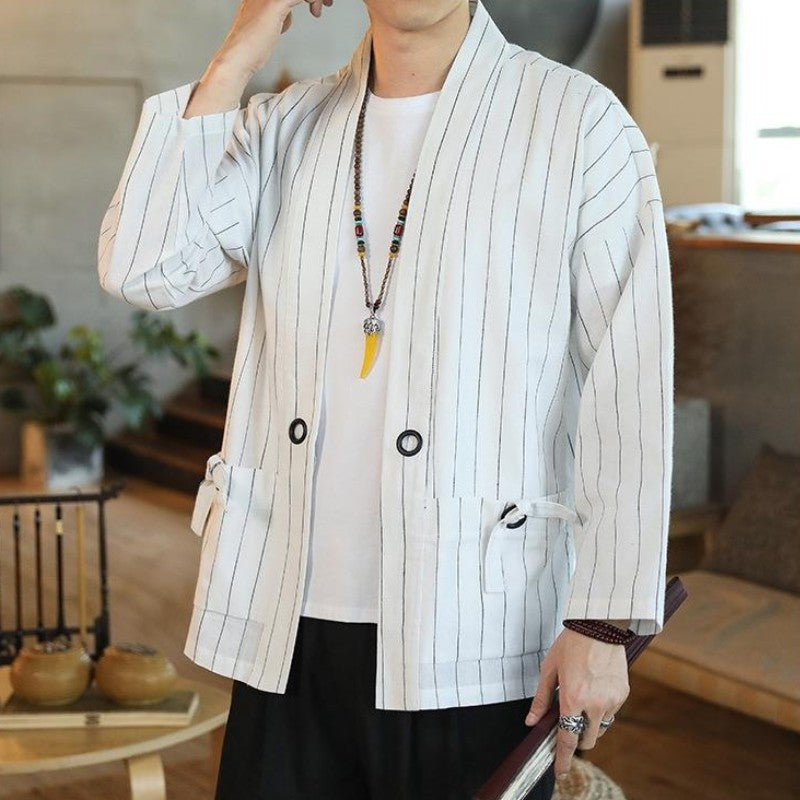 Japanese Clothing Men's Short Kimono Jacket, White, L
