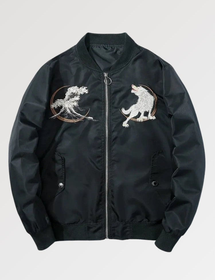 Stalk your enemies like the wolf traditionally embroidered on our original bomber jacket