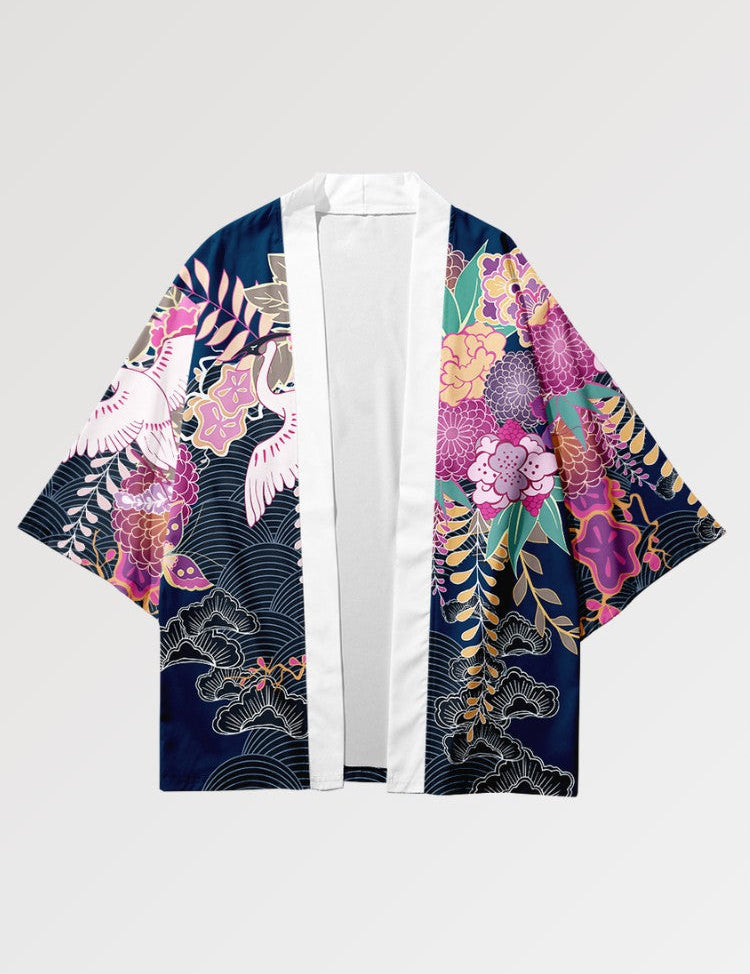 This women's haori decorated with flowers and cranes represents calm and wisdom