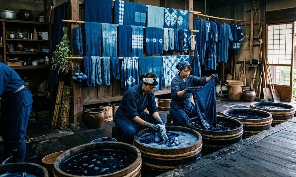 Dyers working cloth in sunken indigo vats in a Japanese aizome workshop, with shibori-patterned fabric drying overhead