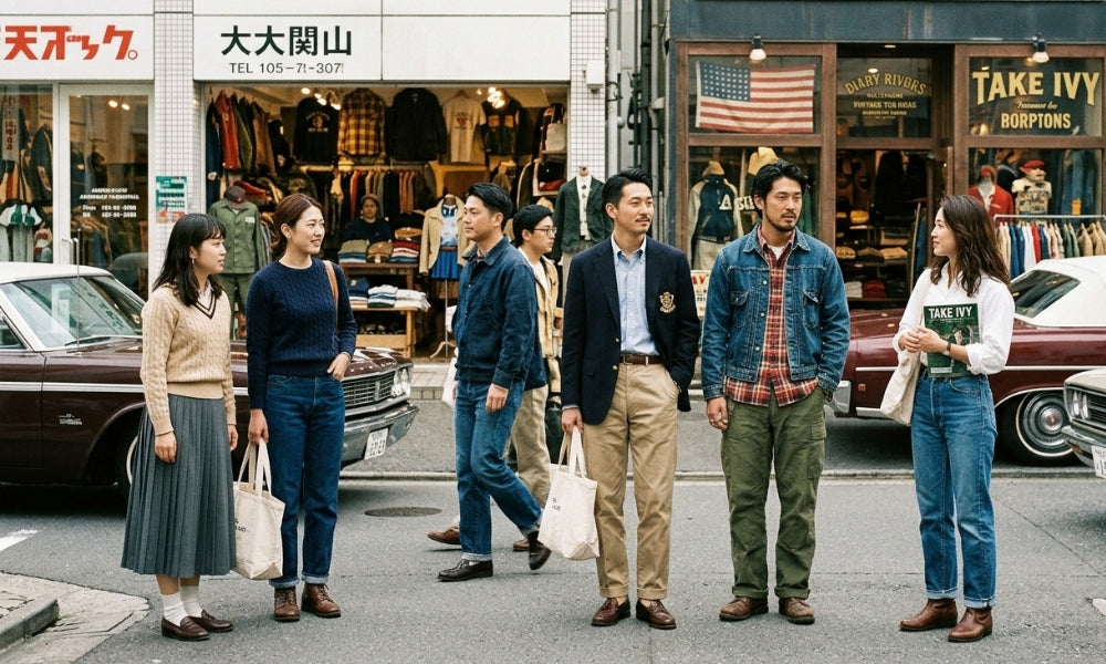 Group in Ivy and workwear-inflected outfits outside a vintage clothing shop in Tokyo, with a Take Ivy sign in the window