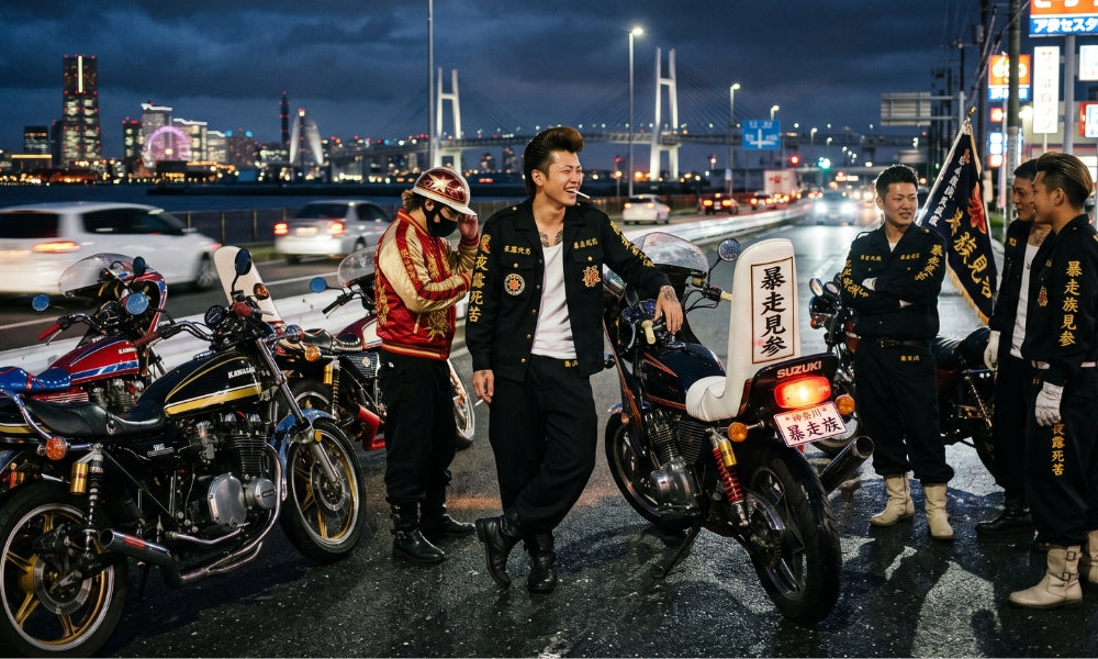 Japanese bosozoku biker gang members in embroidered tokko-fuku coats beside customized motorcycles at night, with the Yokohama skyline behind them