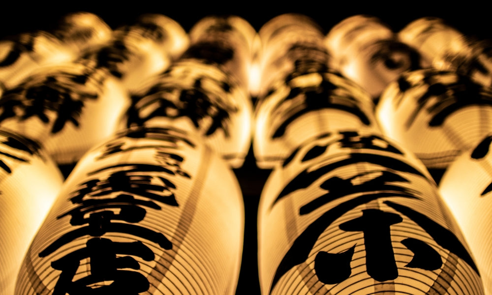 Rows of lit chochin paper lanterns painted with black kanji