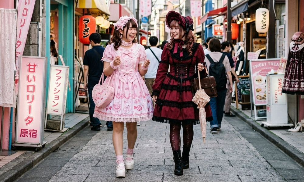 Two women in sweet and gothic lolita coordinates with bonnets, petticoated skirts and parasols on a Harajuku street