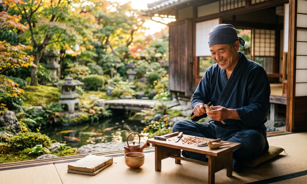 A smiling Japanese craftsman in indigo work clothes carving wood in a traditional garden with a koi pond, a serene image of ikigai and everyday purpose