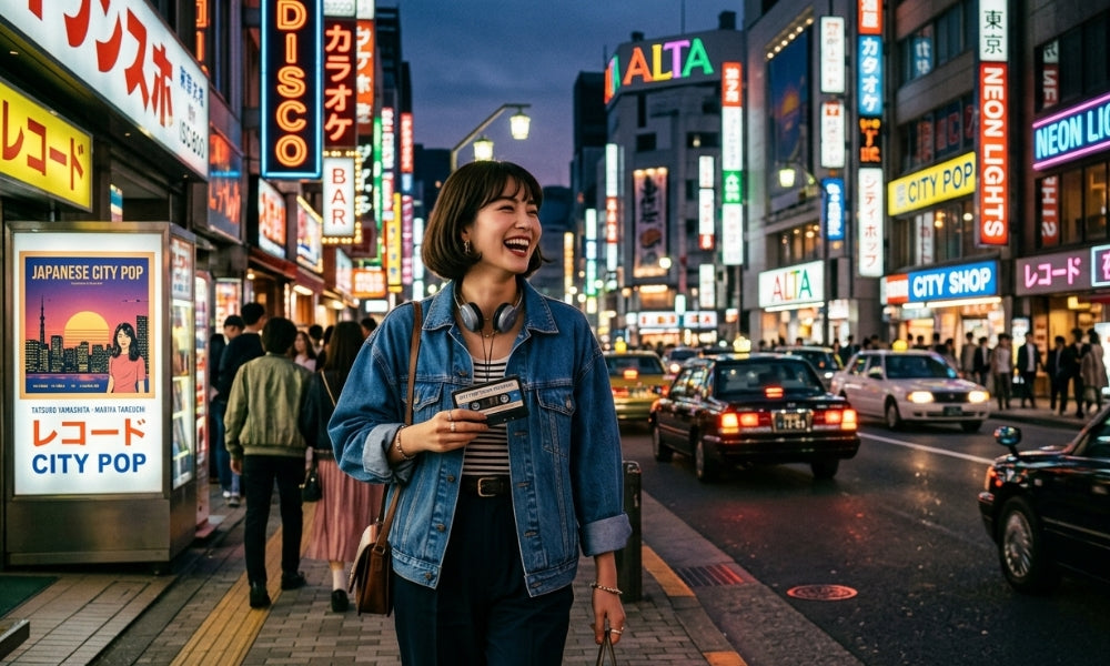 Woman in a denim jacket holding a cassette on a neon-lit Tokyo street at dusk, beside a Japanese city pop record shop poster