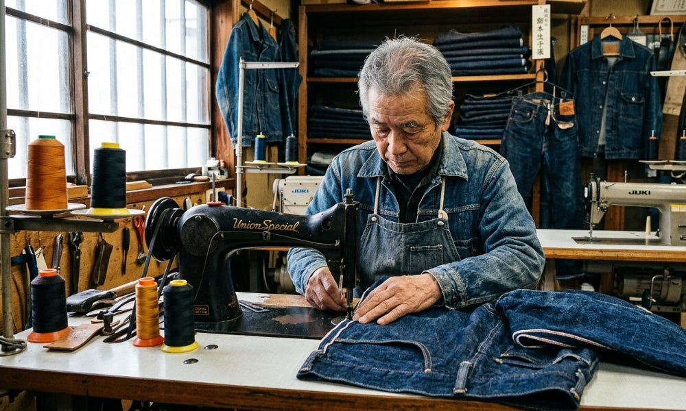 Japanese denim maker sewing selvedge jeans on a vintage Union Special machine in an Okayama workshop lined with denim