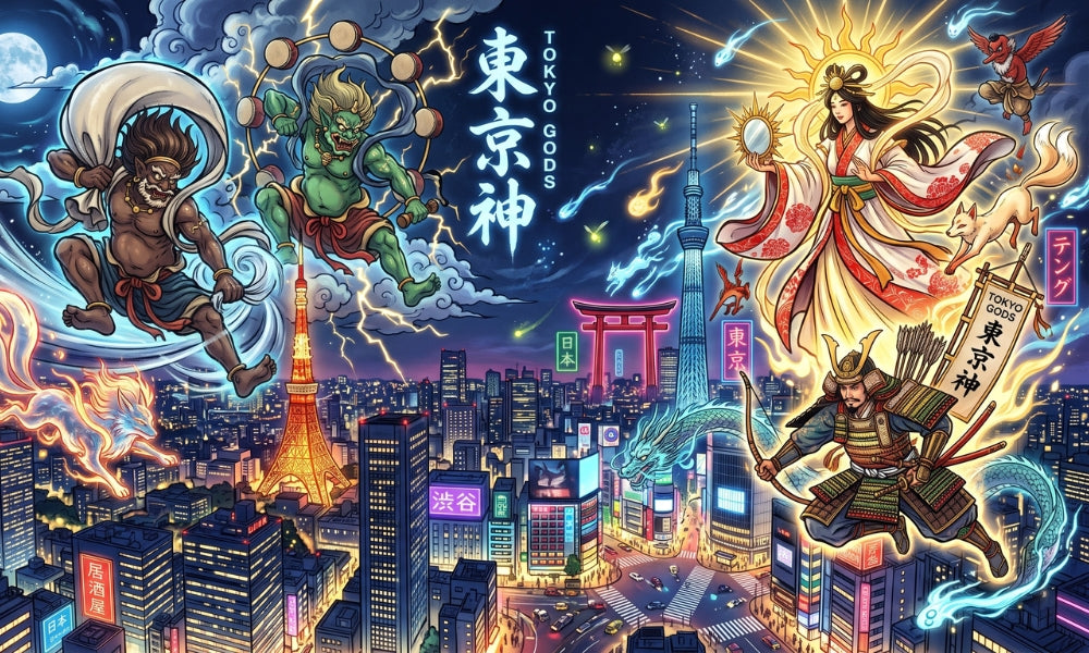 Illustration of Japanese gods over the Tokyo skyline at night: the thunder god Raijin, wind god Fujin, sun goddess Amaterasu, a samurai, a tengu and a kitsune