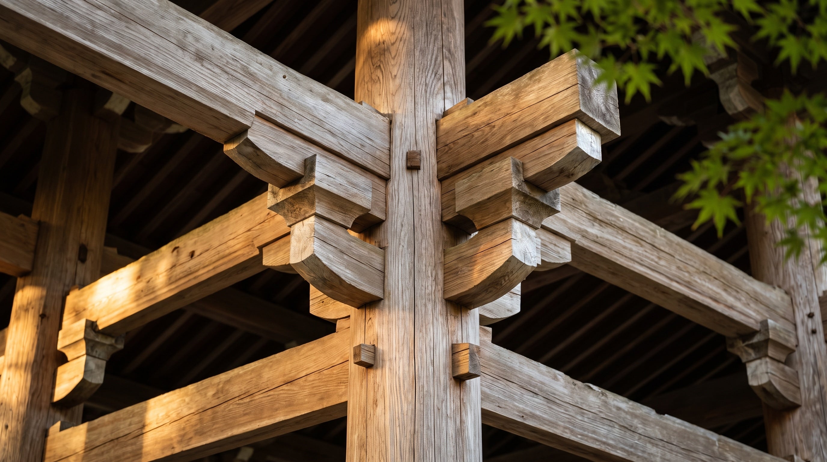 Japanese joinery in a temple timber frame — interlocking kigumi wood joints assembled without nails