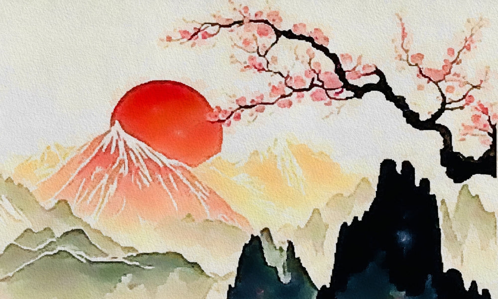 Japanese landscape painting of Mount Fuji with red sun and cherry blossoms - famous traditional Japanese art