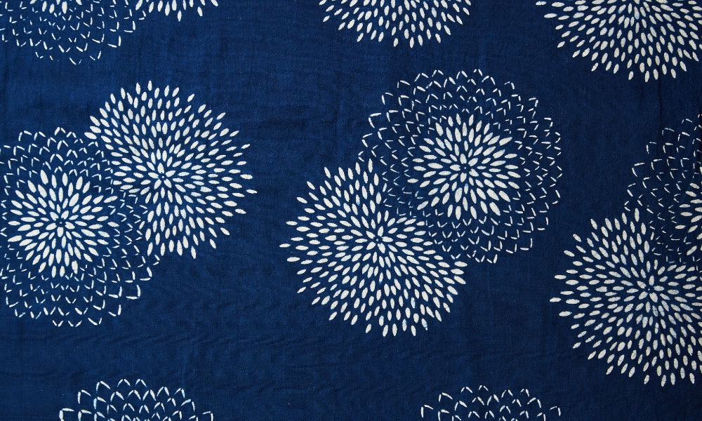 Indigo-dyed Japanese fabric covered with white chrysanthemum-like floral wagara motifs, an example of traditional Japanese patterns