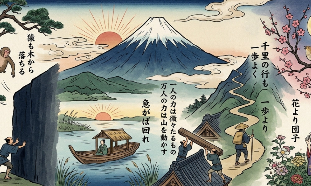 Ukiyo-e style illustration of Mount Fuji, a boat and travellers with Japanese proverbs written in calligraphy across the scene