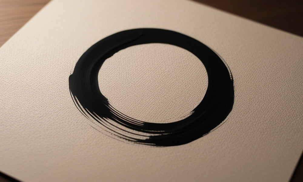 Japanese zen art enso circle painted in black ink with a single brushstroke on textured paper