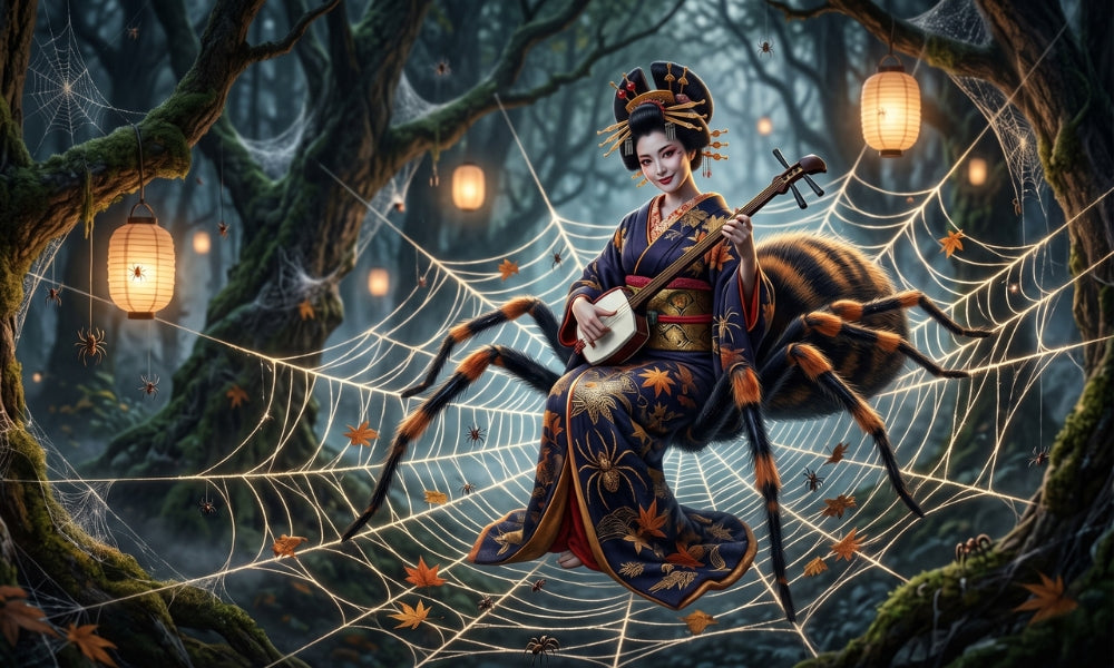 The Jorogumo, a Japanese spider-woman yokai: a woman in an embroidered kimono playing a shamisen, with a giant spider body, in a web-filled lantern-lit forest