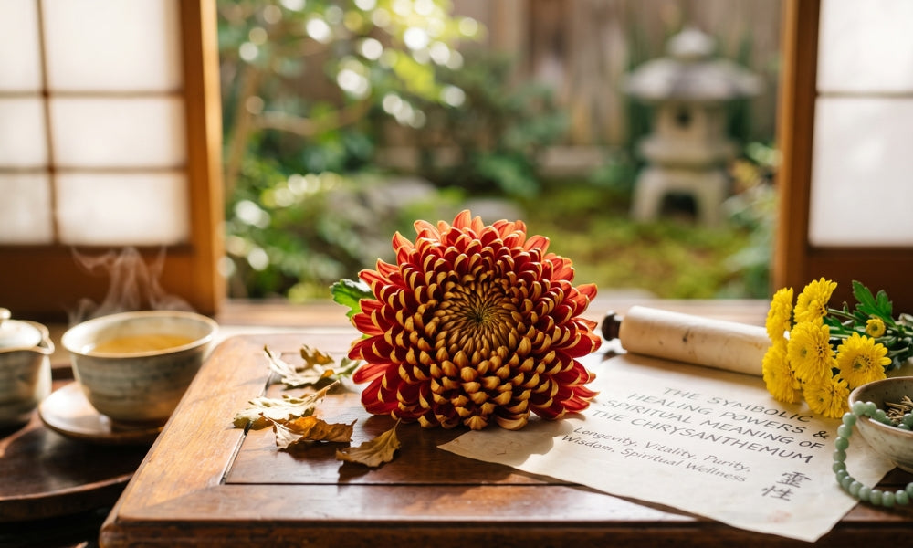 A red and gold Japanese chrysanthemum (kiku) on a wooden table with green tea and a garden lantern behind, evoking the imperial flower of Japan