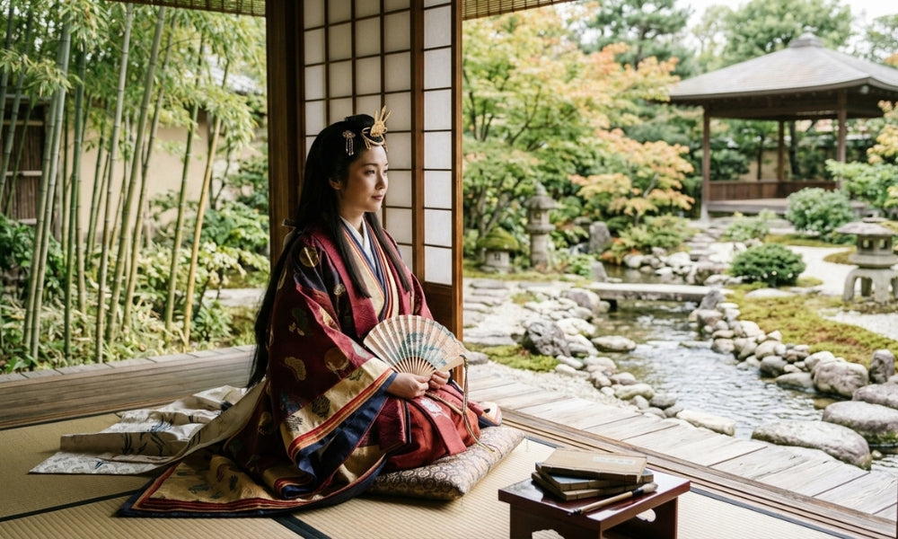 Woman in traditional Japanese dress seated with a fan, evoking Princess Kaguya