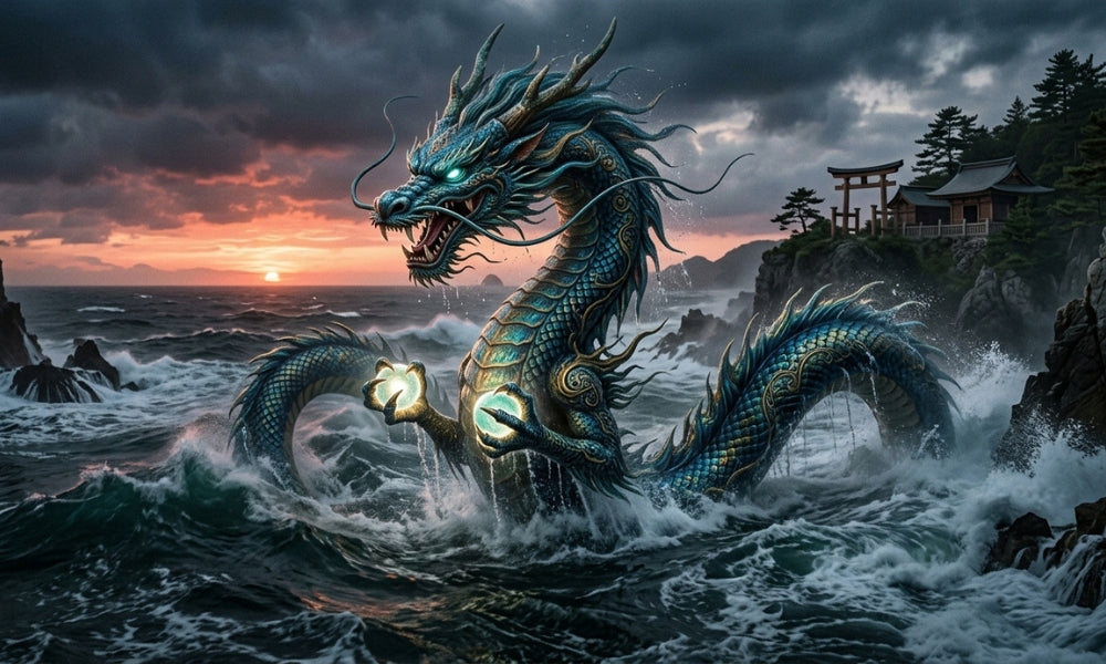 Ryujin, the Japanese dragon god of the sea, rising from stormy water