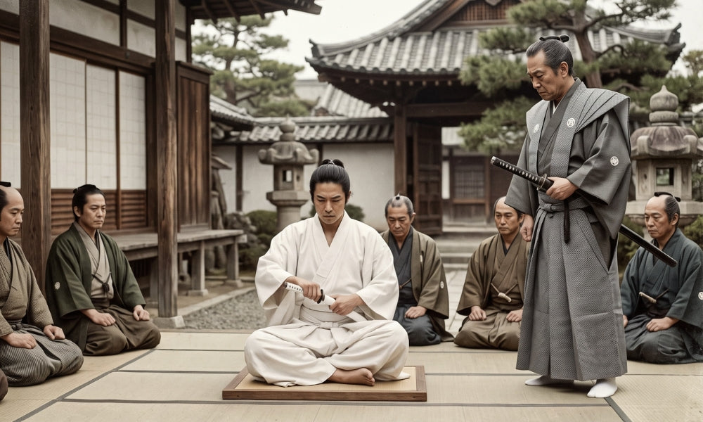 A historical depiction of a samurai seppuku ceremony: a man in a white kimono kneeling with witnesses and a kaishakunin standing by, in a temple courtyard
