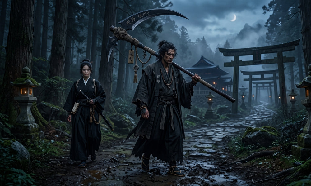 Two shinigami figures in black robes carrying a scythe inscribed with the kanji for death god, on a torii-lined forest path at night under a crescent moon