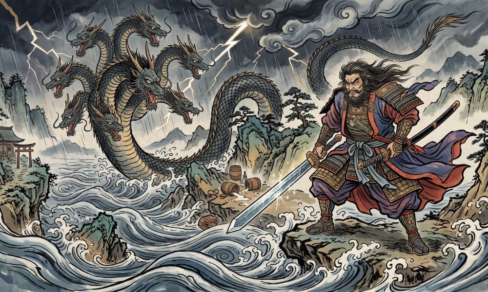 Susanoo, the Japanese storm god, in samurai armor battling the eight-headed serpent Yamata-no-Orochi amid storm and waves, in ukiyo-e style