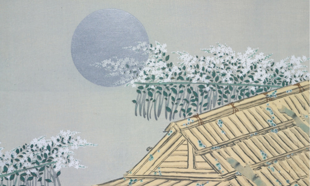Traditional Japanese painting of a full moon over a thatched roof and cherry blossoms, evoking Tsukuyomi, the Shinto moon god