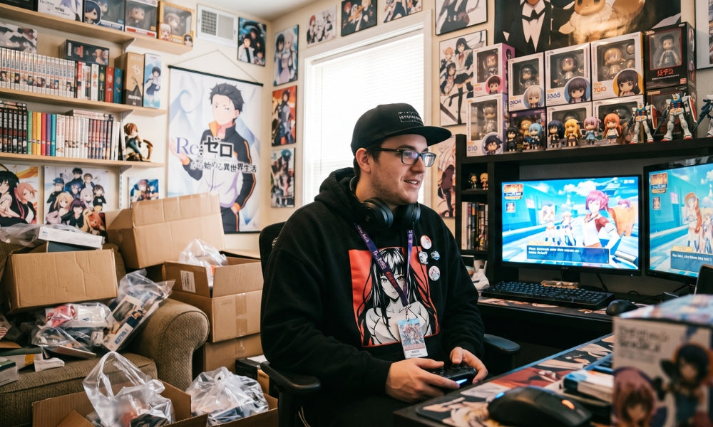 A young Western anime fan in an anime graphic hoodie gaming in a bedroom filled with figures, posters and manga, the stereotypical image of a weeaboo