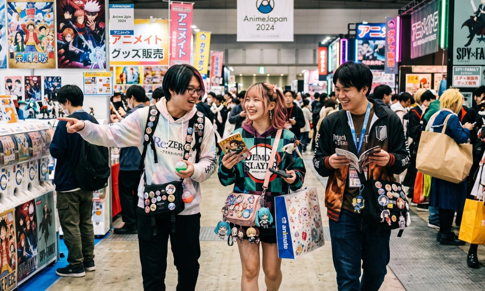 Three smiling anime fans in anime graphic hoodies with badges and merch at AnimeJapan 2024, the friendly modern image of a weeb