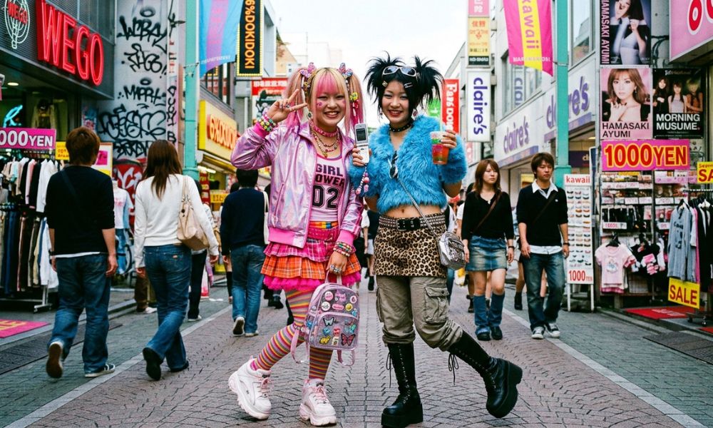Two women in Y2K Harajuku outfits on Takeshita Street: pink metallic jacket with butterfly clips and striped socks, blue faux fur with leopard skirt and platform boots
