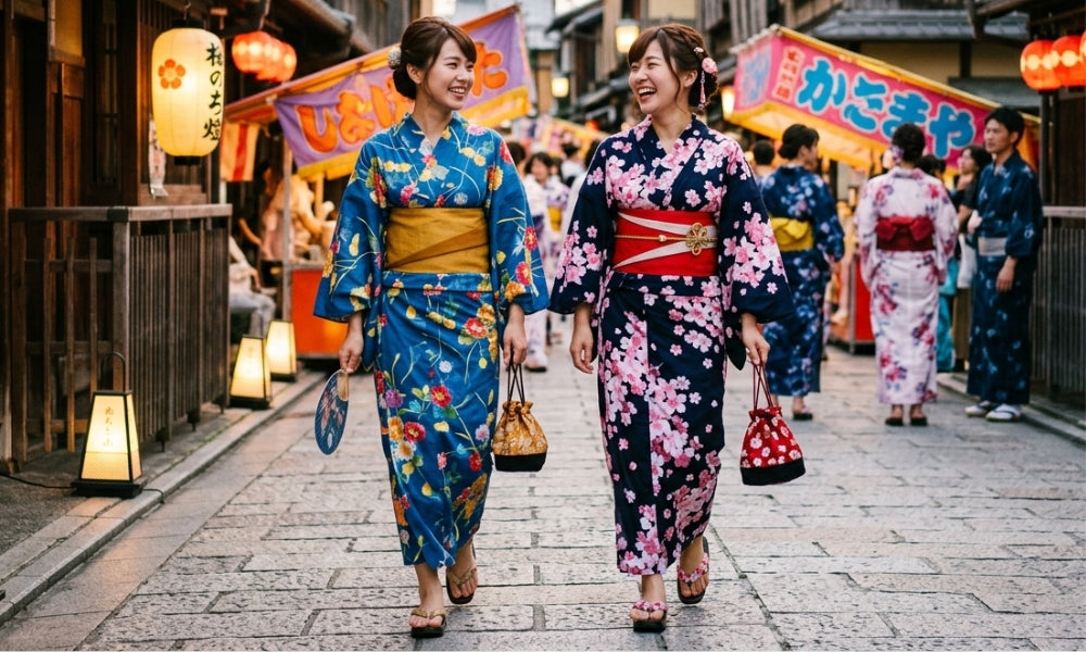 Two women in floral yukata with obi belts, kinchaku pouches and geta walking a lantern-lit festival street in Japan
