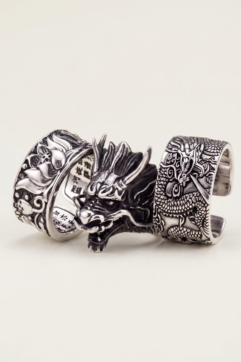 Japanese ring collection — Japanese-style rings featuring dragons, kanji and traditional symbols