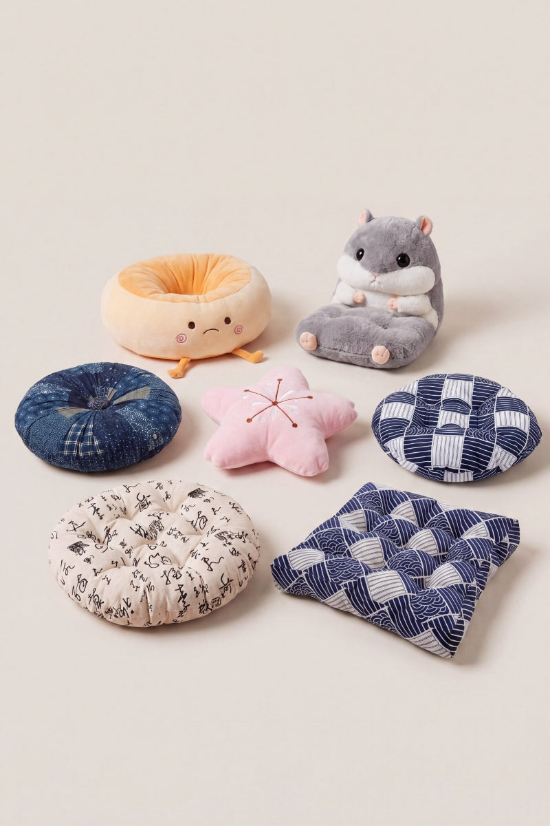 Japanese futon cushion collection: round zabuton floor cushions in indigo wave, sakura and calligraphy prints with plush character seats