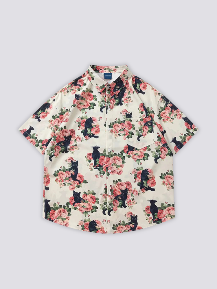 Cat Print Shirt - Japan Clothing