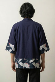 Men Kimono Cardigan 'Hisashi' — The navy kimono cardigan with white cranes taking flight